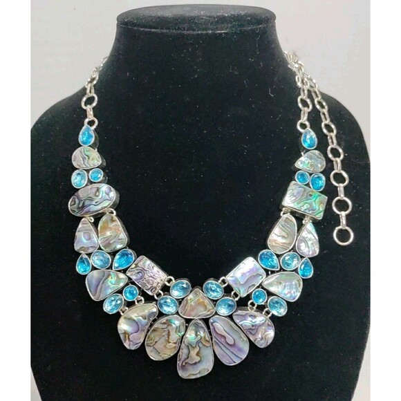 Silver Tone Abalone 925 Statement Bib Necklace 18" To 22" Drop Hand Made - Picture 1 of 5